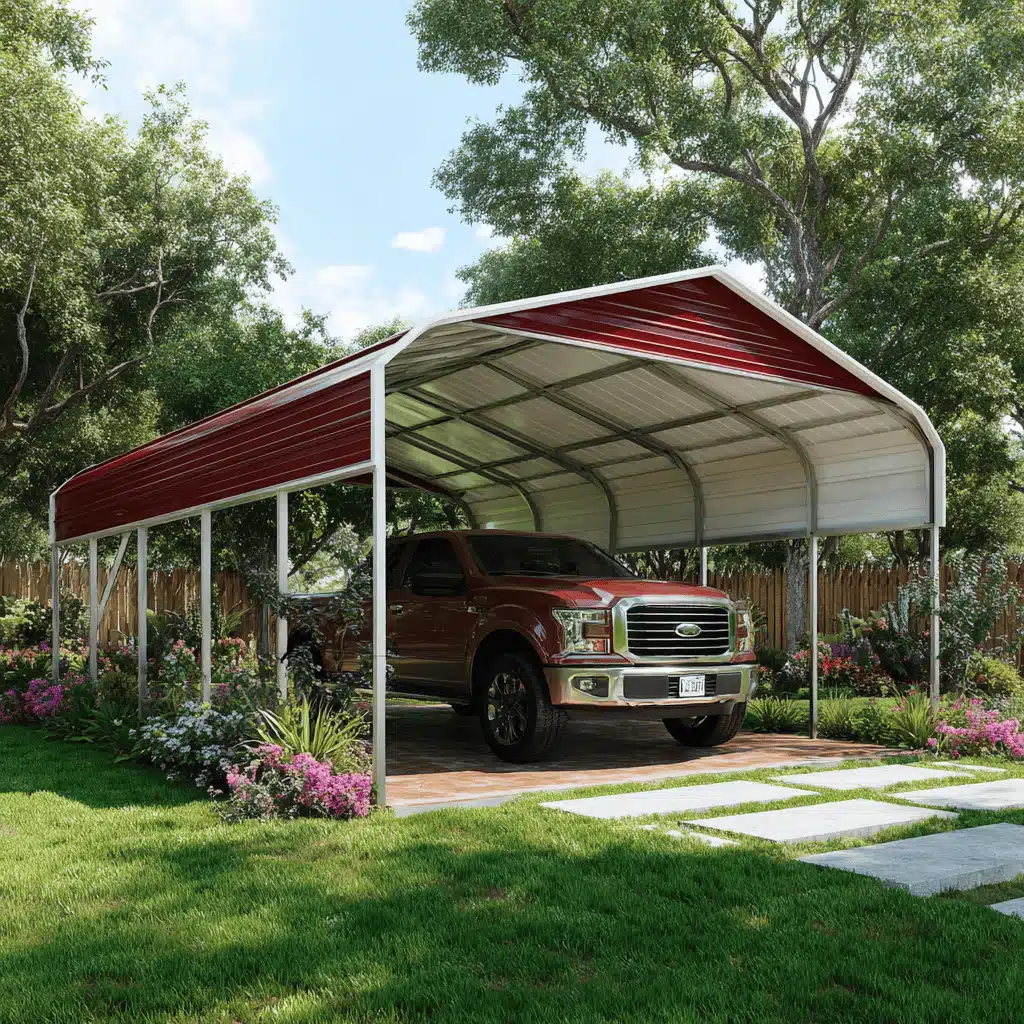 Red metal carport sheltering a pickup truck in a landscaped backyard.