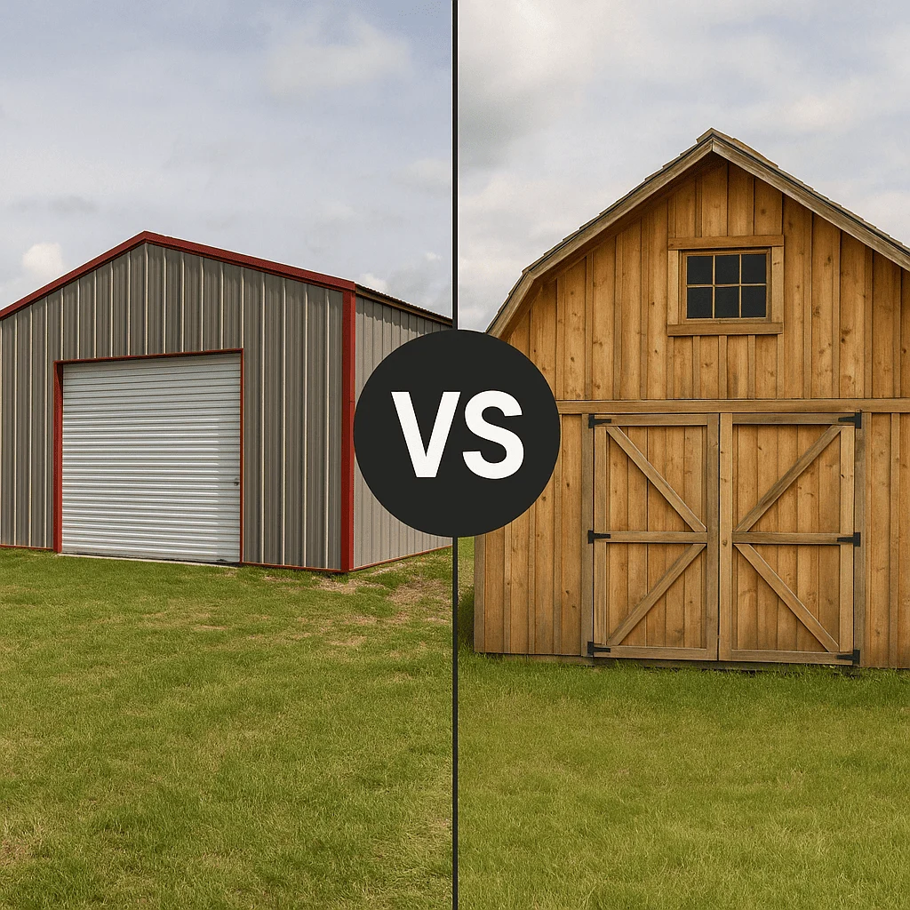 Metal barn vs wooden barn on grass with a central VS symbol.