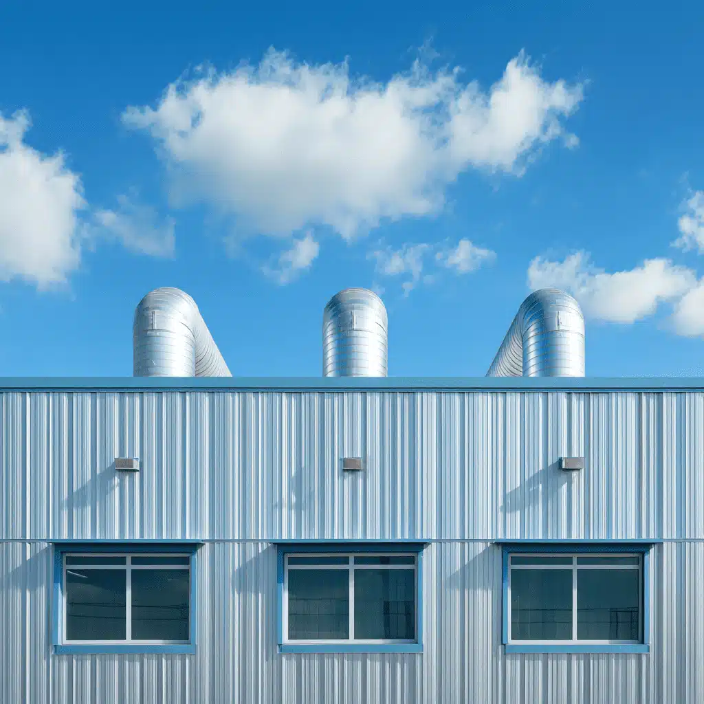 Metal building with large roof ventilation ducts and blue sky background
