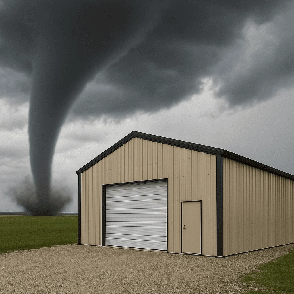 Beige steel building standing in front of a large tornado under dark storm clouds on a grassy plain