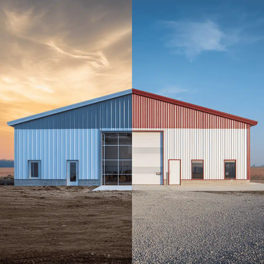 Split image comparing blue metal building and red pole barn exterior.