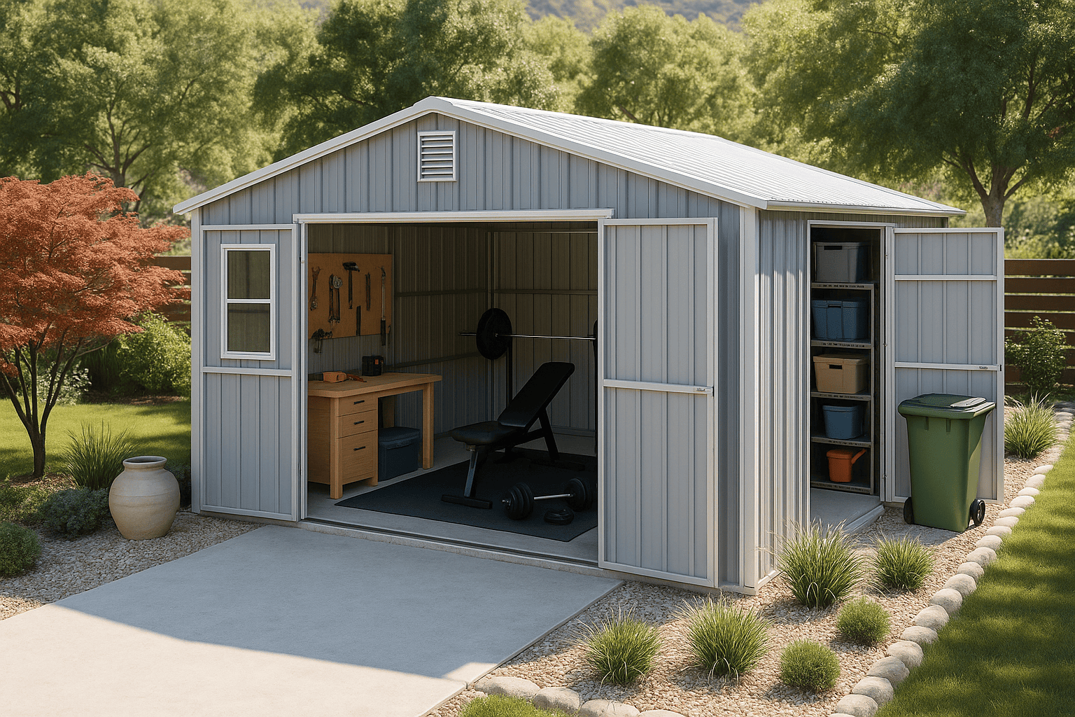 10x12 Metal shed with gym equipment, workbench, and storage bins in a garden