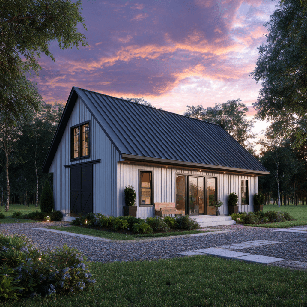 Modern prefab barndominium with metal roof at sunset