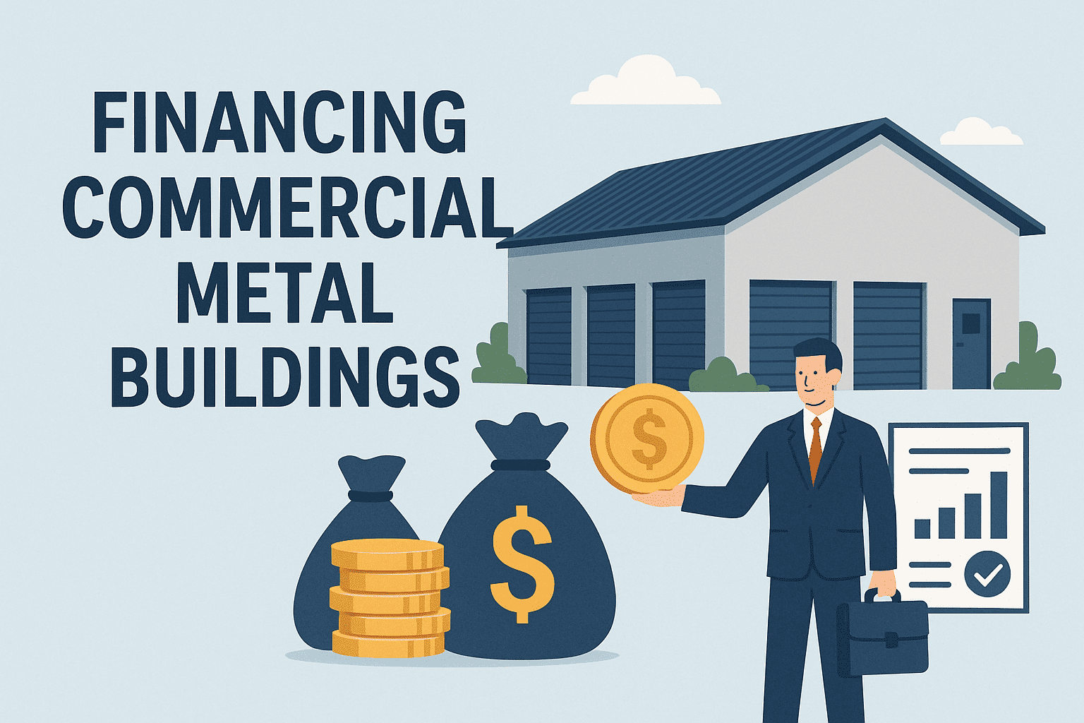 Businessman with money bags and metal building, finance concept