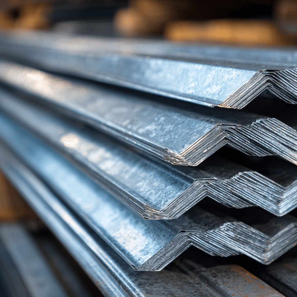 Stacked corrugated sheets of shiny galvanized or Galvalume steel.