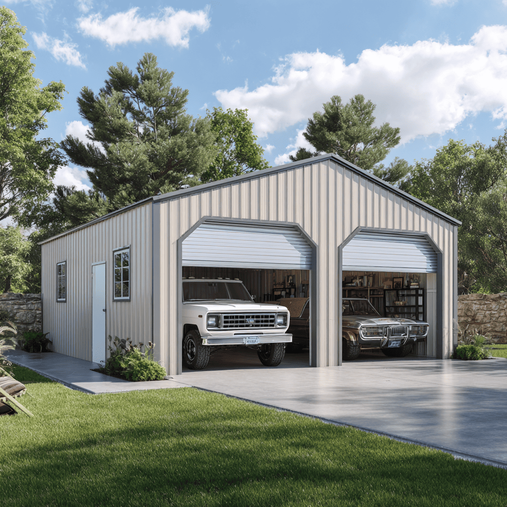Two classic cars parked inside a beige metal 2-car garage