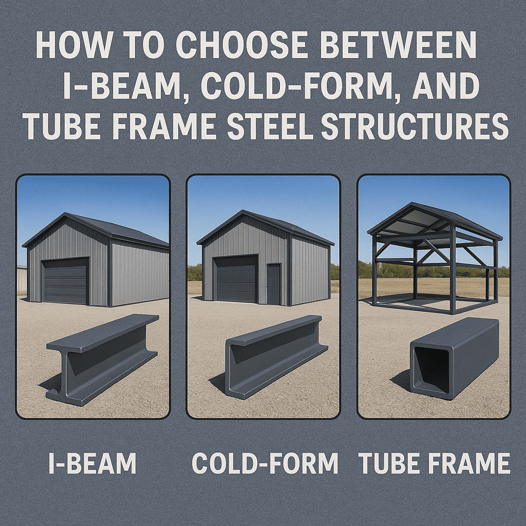 Steel structure comparison: I-Beam, Cold-Form, and Tube Frame.