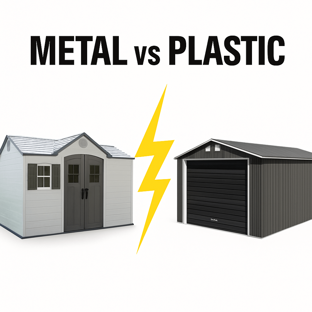 Plastic shed left, metal shed right, split by lightning bolt backdrop