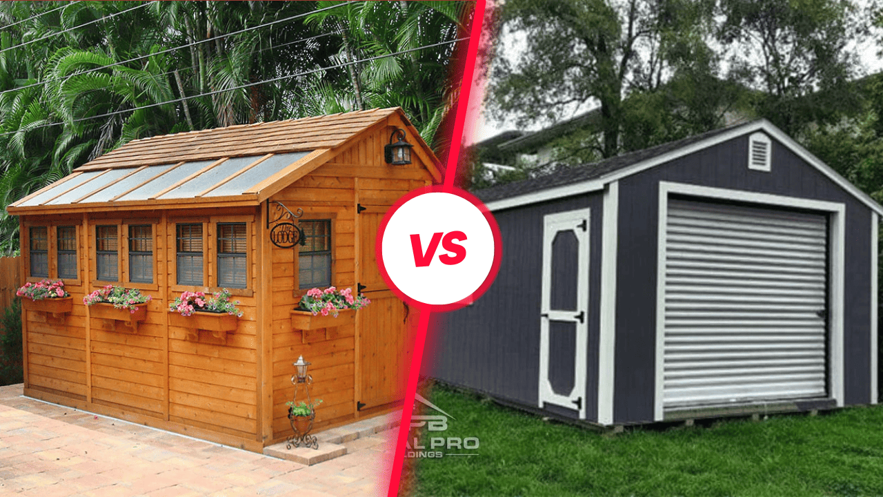 Wooden shed vs metal shed comparison with a "VS" graphic in the center.