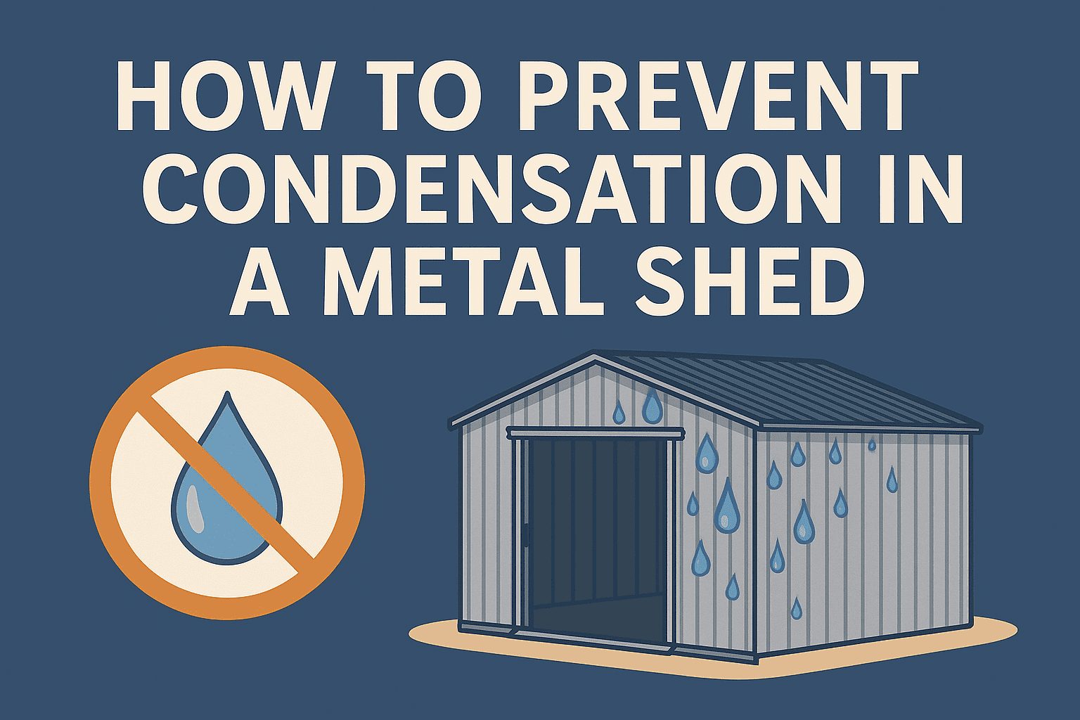 Graphic showing how to prevent condensation in a metal shed with icons