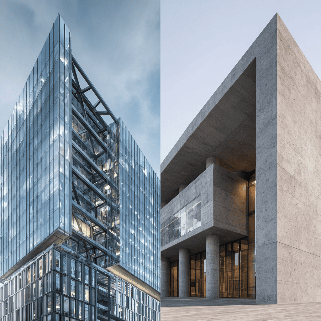 Two modern buildings: glass steel skyscraper and concrete structure.