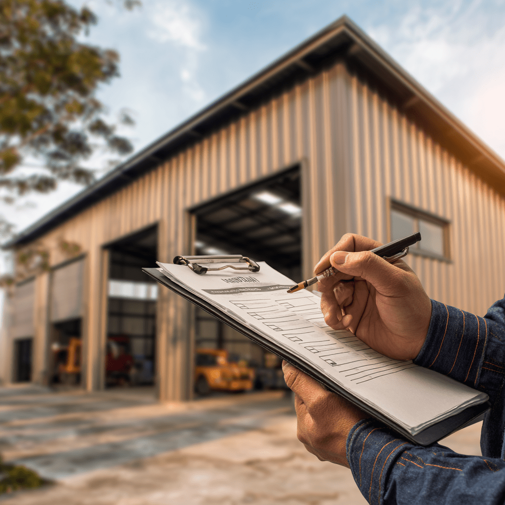 Person marking checklist outside large metal industrial building.