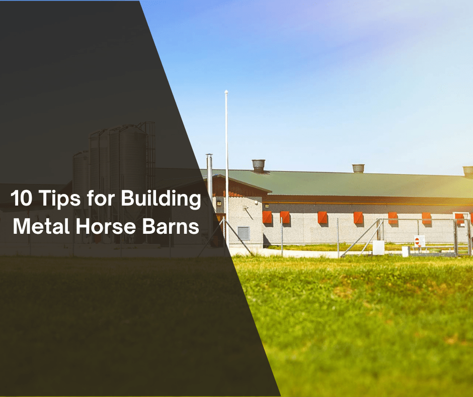Modern metal horse barn with green roof and tip text overlay on dark panel