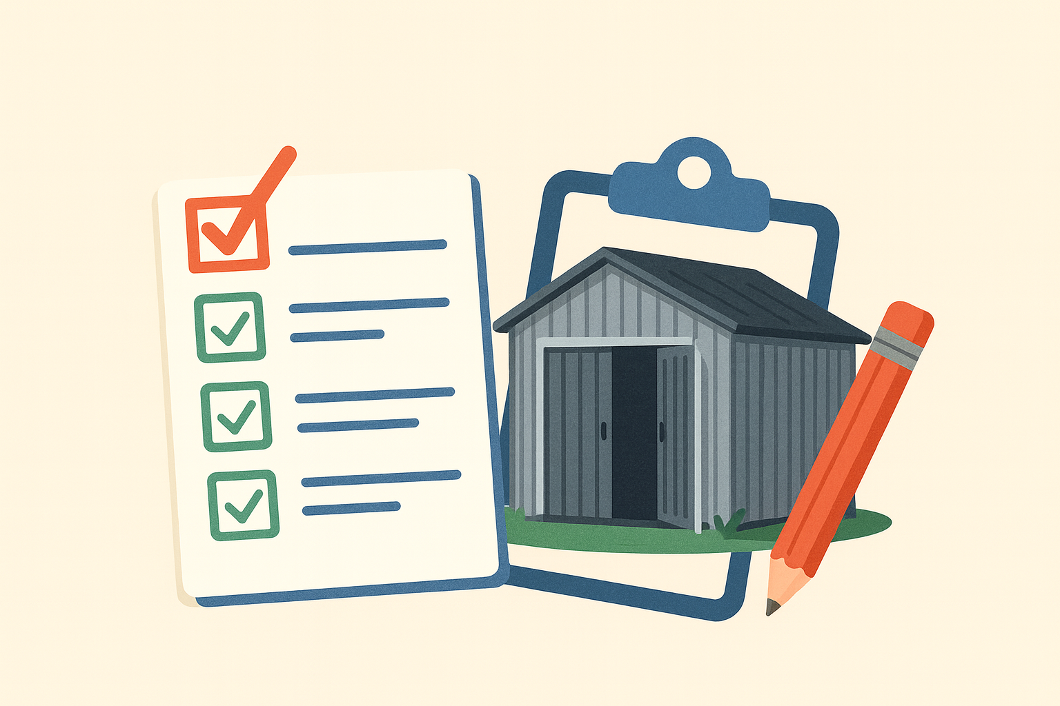 Flat-style illustration showing a checklist on a clipboard with several checked boxes, a gray metal shed on a green base, and an orange pencil leaning against the clipboard. The background is beige with no text.