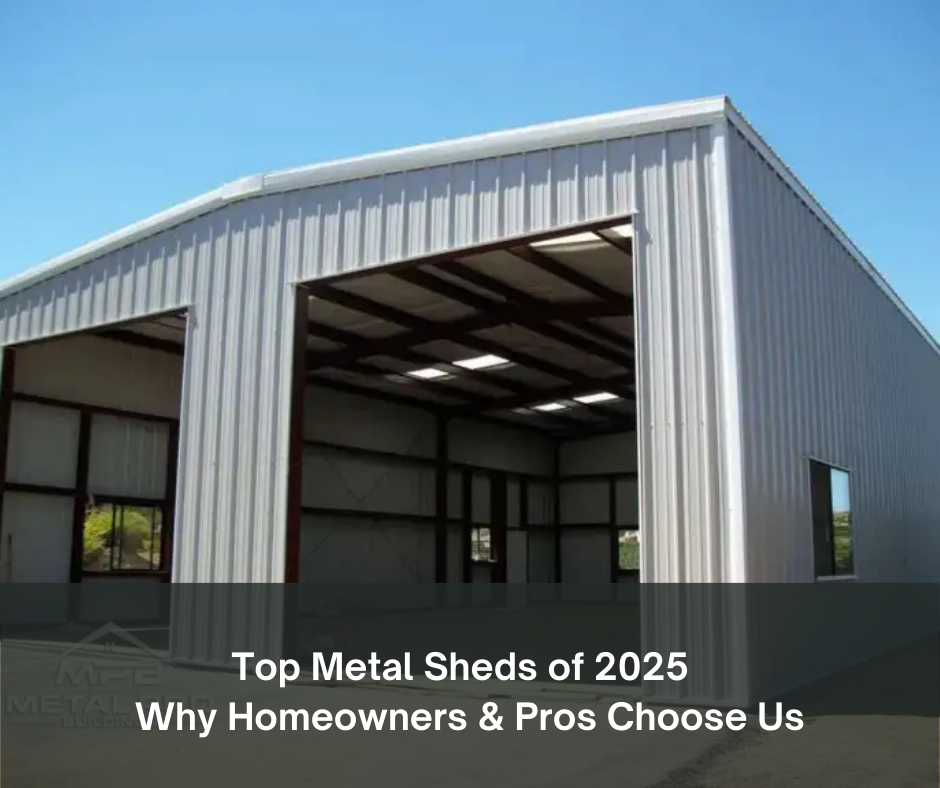 Large gray metal shed under clear blue sky, showcasing open doors and spacious steel frame