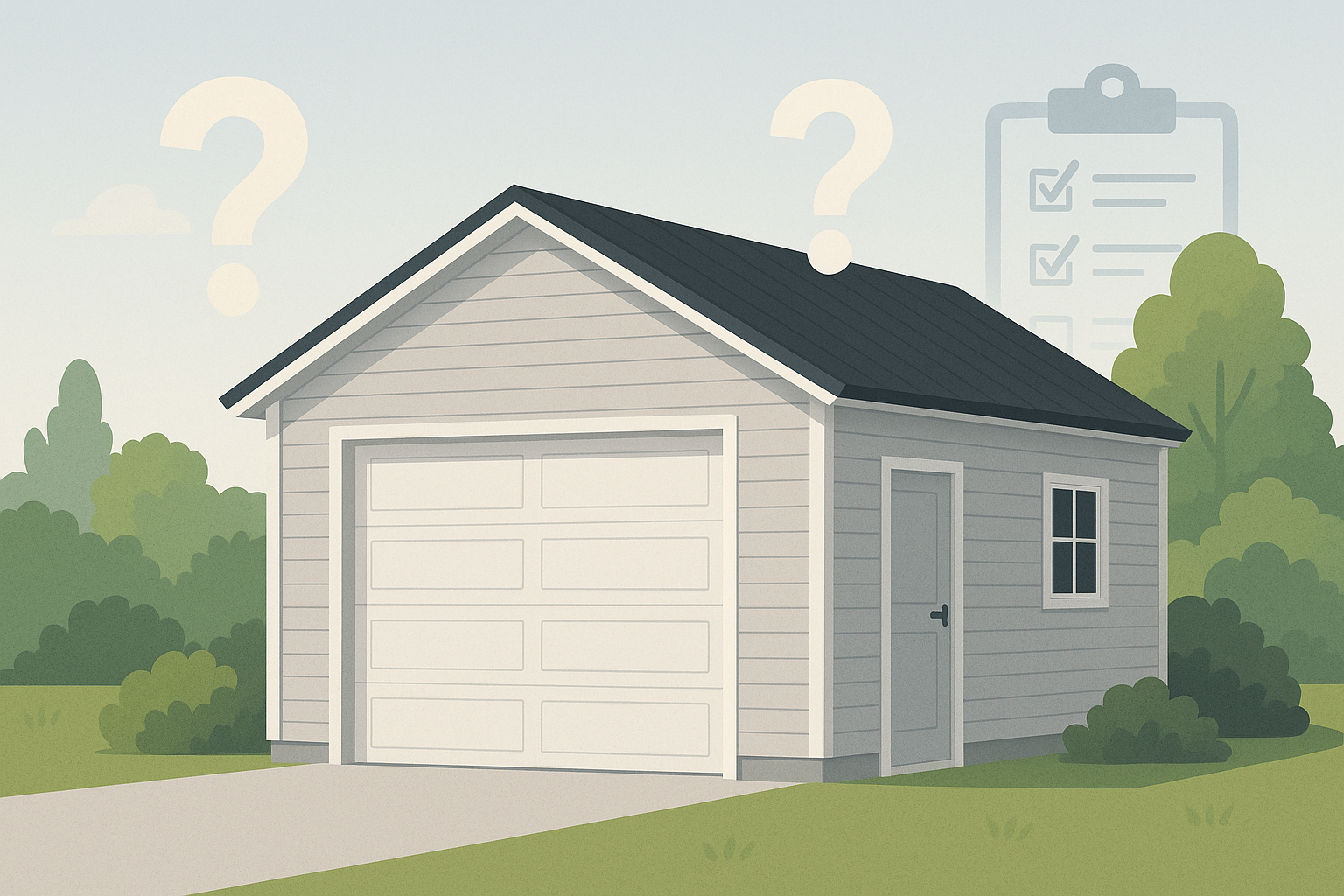 Illustration of a standalone garage with question marks and checklist in a suburban yard.