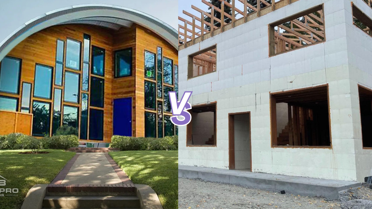 Modern steel home with curved roof vs ICF house under construction with white block walls