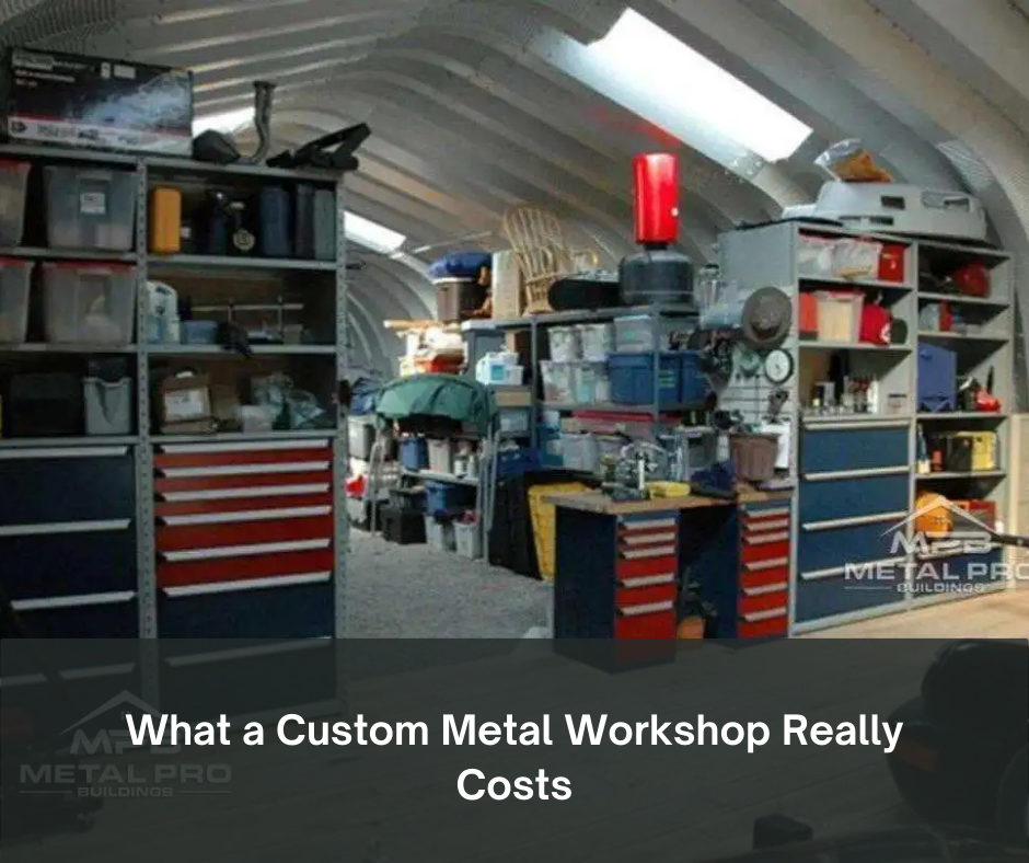 Interior of arched metal workshop with shelves and tool cabinets; cost guide headline text