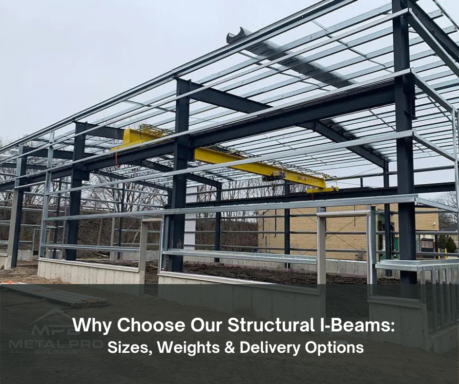Steel building frame with structural I-beams and overhead crane, sizes and delivery promo.