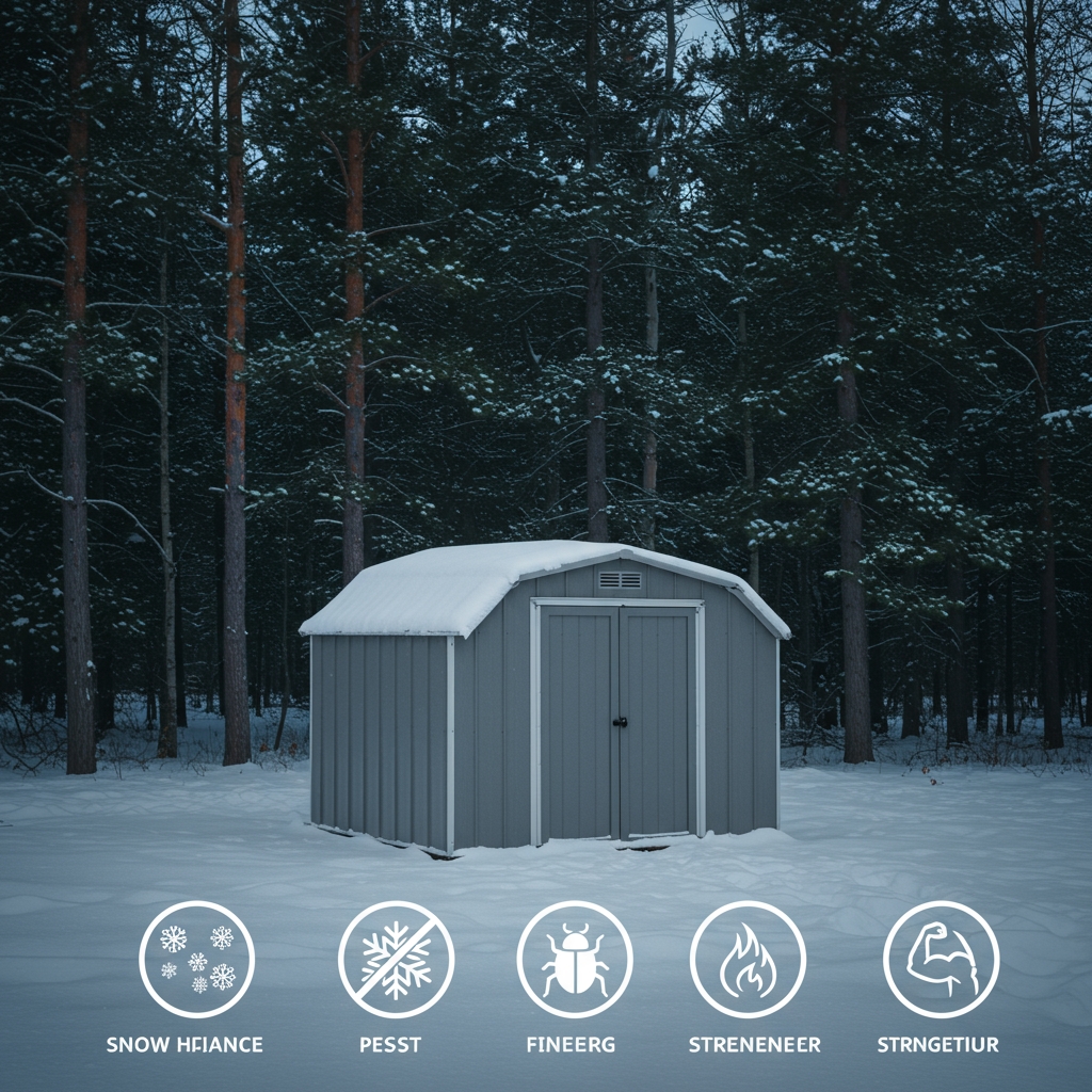 Snow-covered metal shed in a forest with icons below indicating snow resistance, pest protection, durability, fire resistance, and strength.