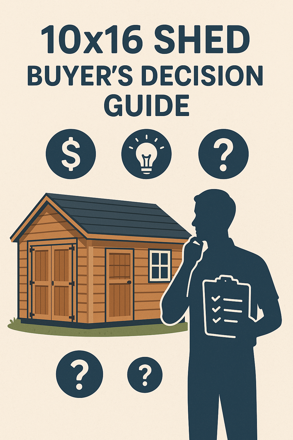 Illustration of a man with checklist deciding on a 10×16 shed, icons of money and ideas above.