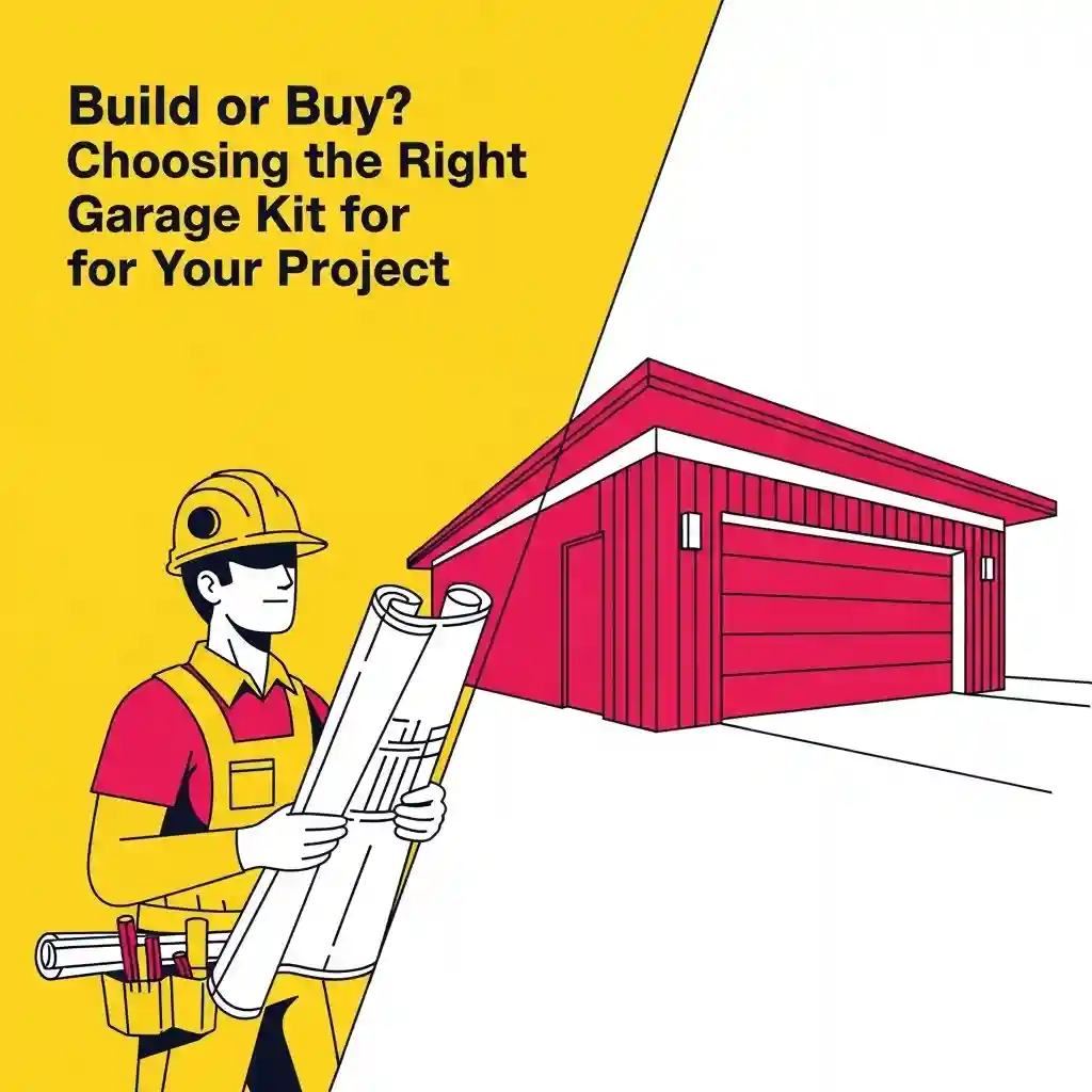 Illustration of builder with blueprints choosing garage kit for construction project