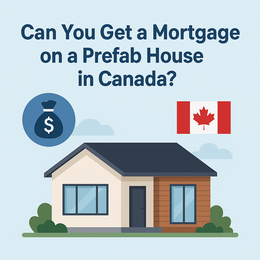 Illustration of a prefab house with text asking about getting a mortgage in Canada, alongside money bag and Canadian flag icons
