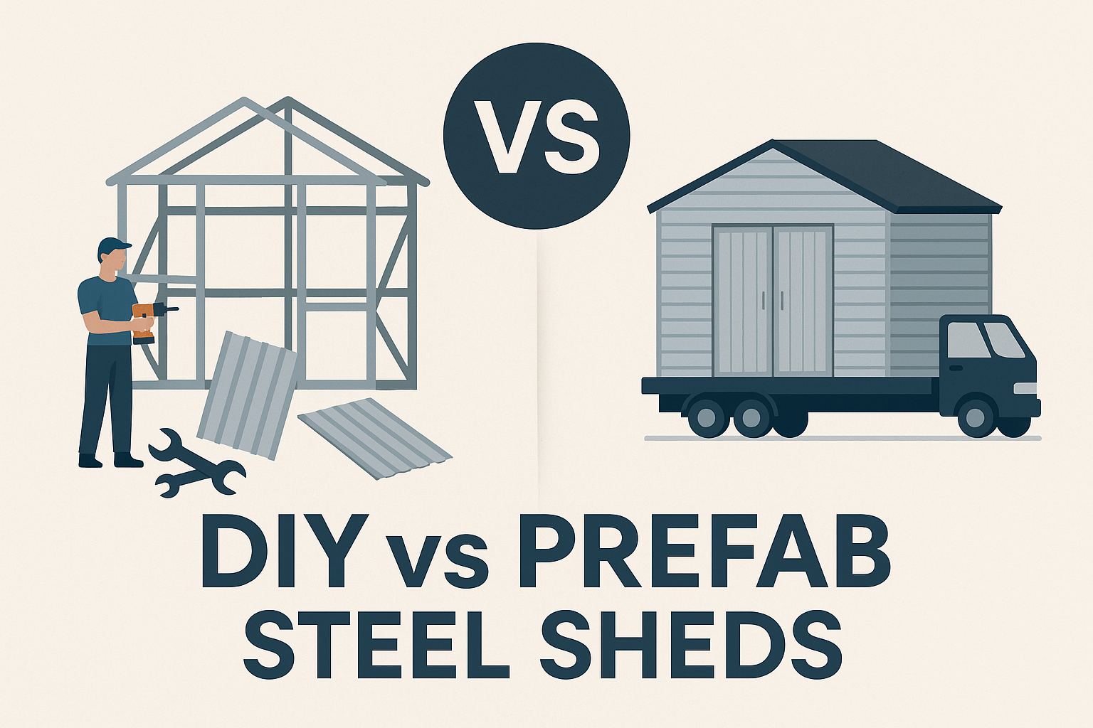 Illustration comparing DIY steel shed construction with prefab shed delivery on a truck