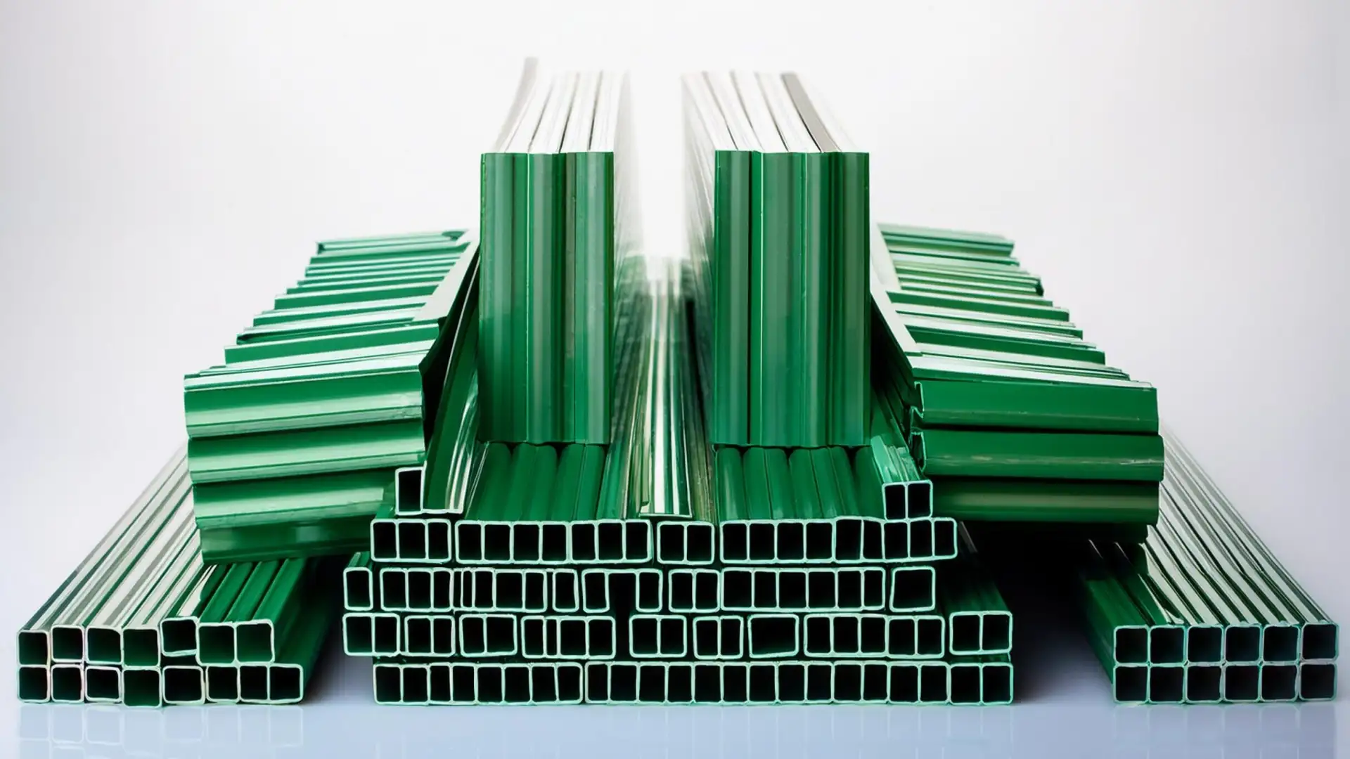 Stack of green rectangular hollow metal tubes arranged neatly for construction or fabrication.
