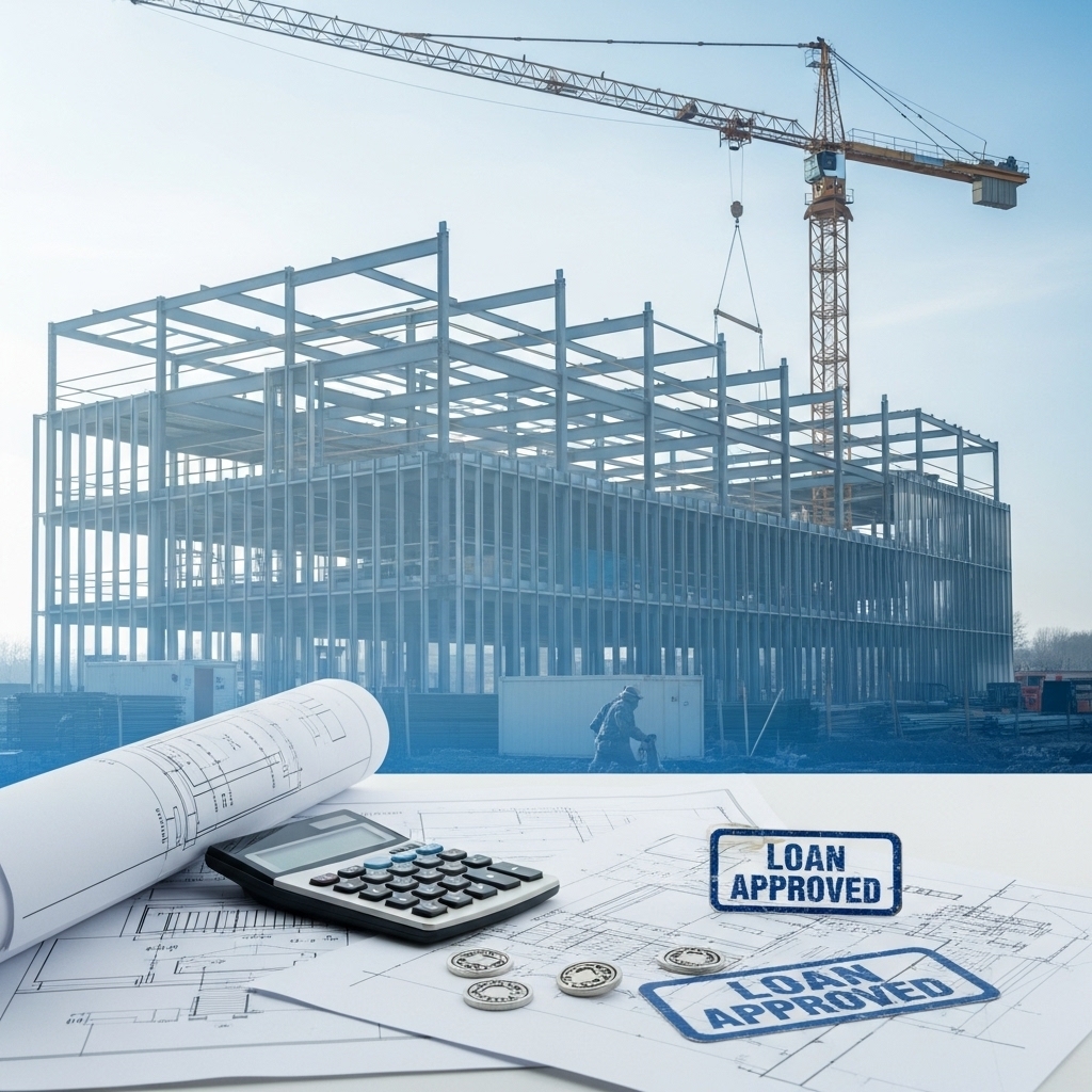 Construction site with steel framework, blueprints, calculator, and loan approval stamps