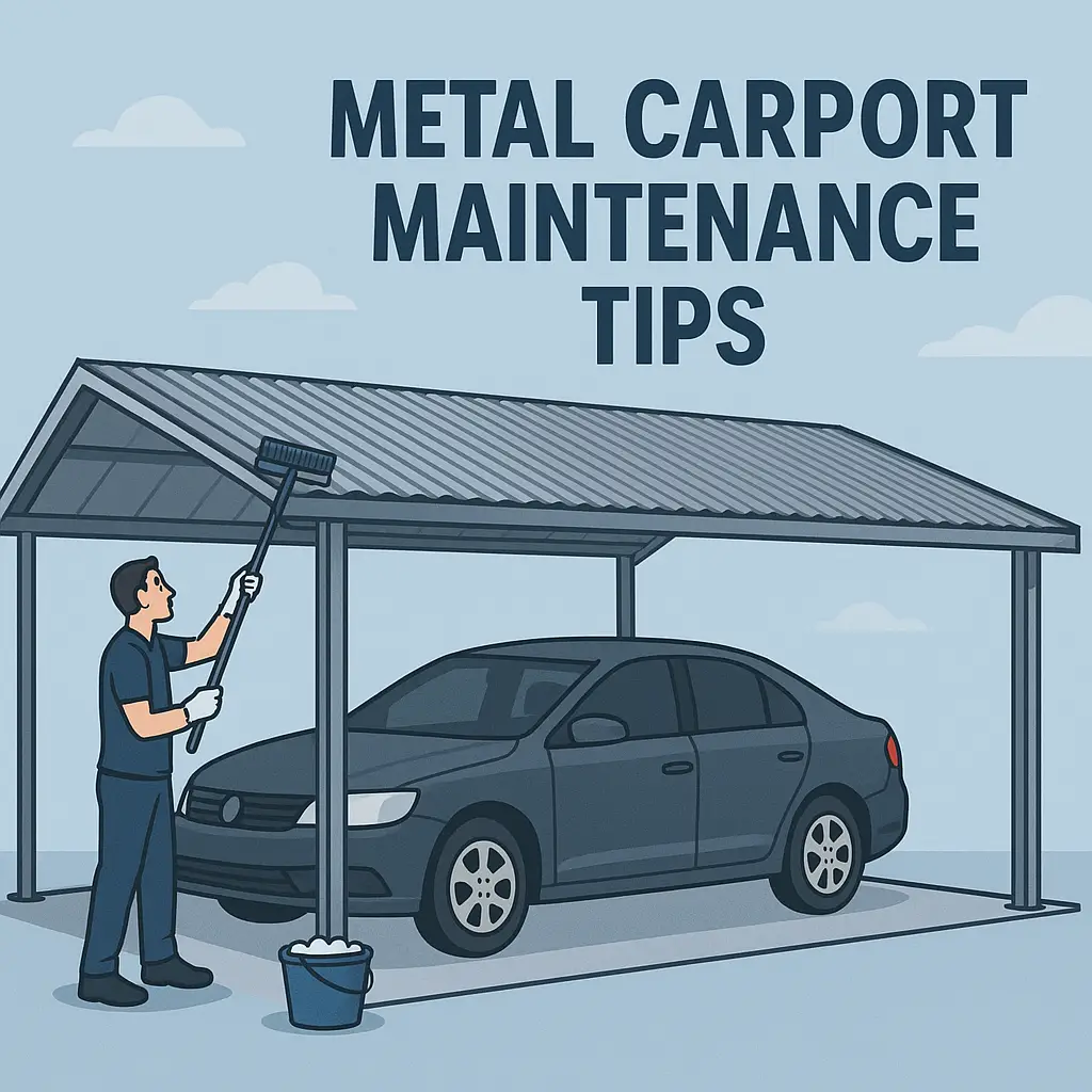 Illustration of man cleaning metal carport roof with broom, car parked underneath, text on top.