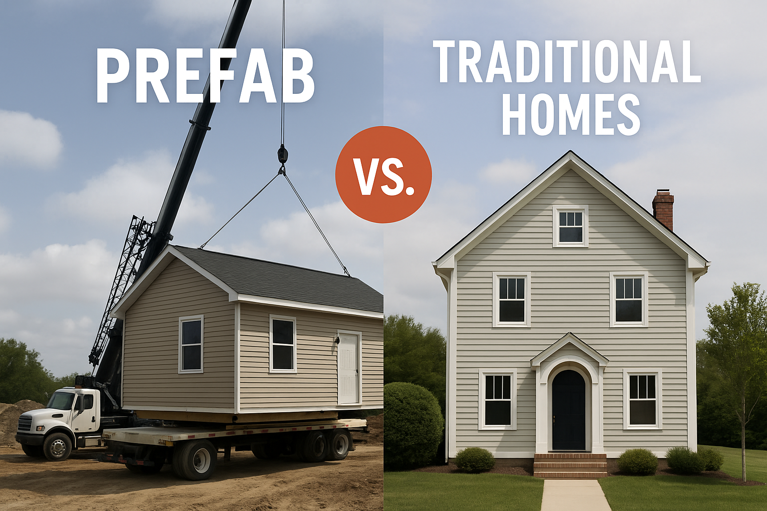Prefab home under construction beside a traditional house for comparison.