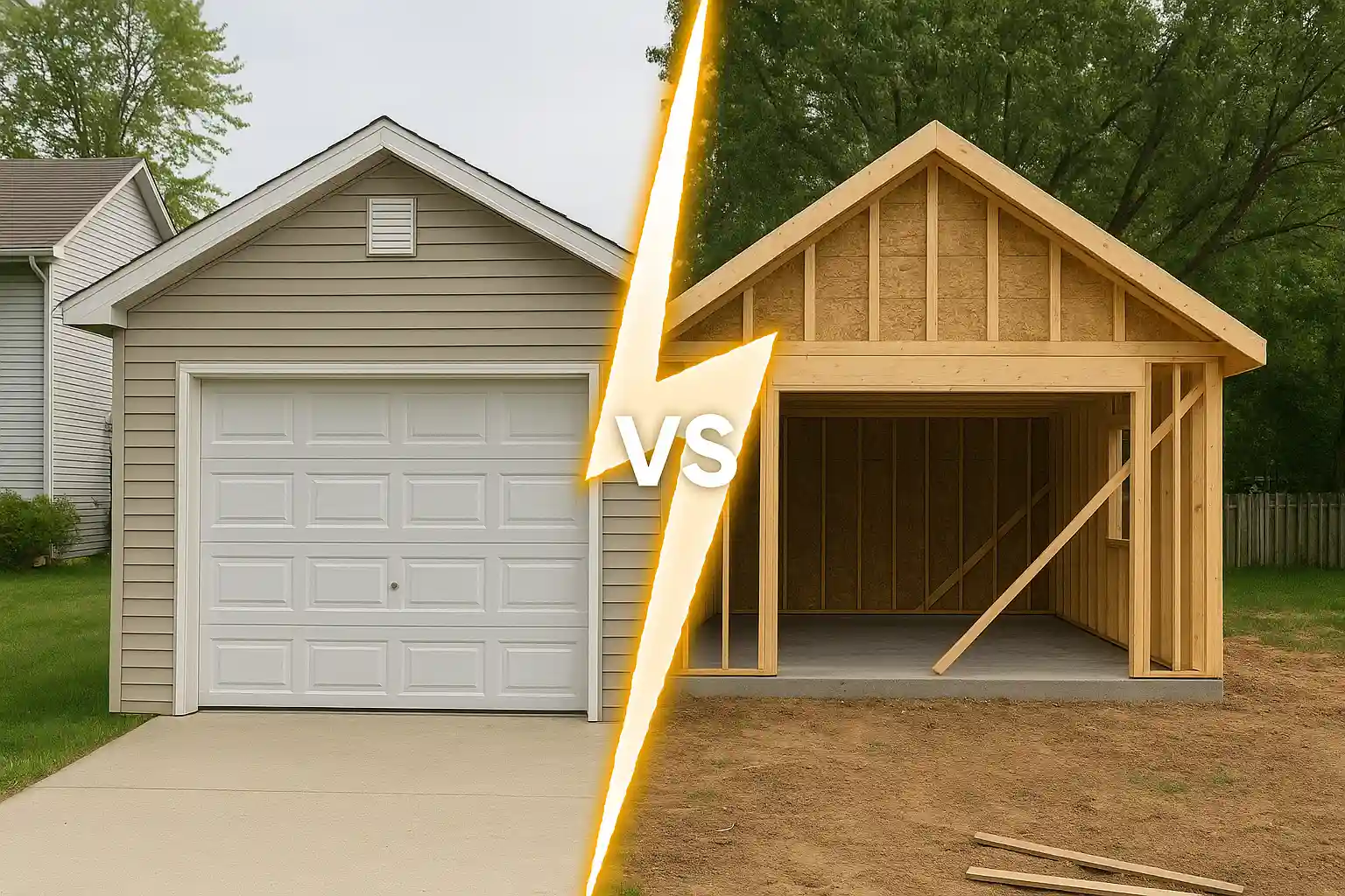 Split image showing comparison: finished prefab garage with white door vs wooden frame garage under construction.