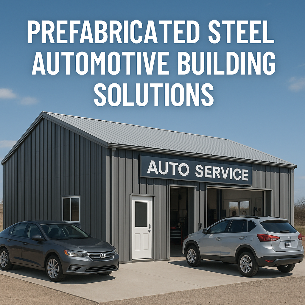 Prefabricated steel automotive building with sign "Auto Service" and cars parked in front.