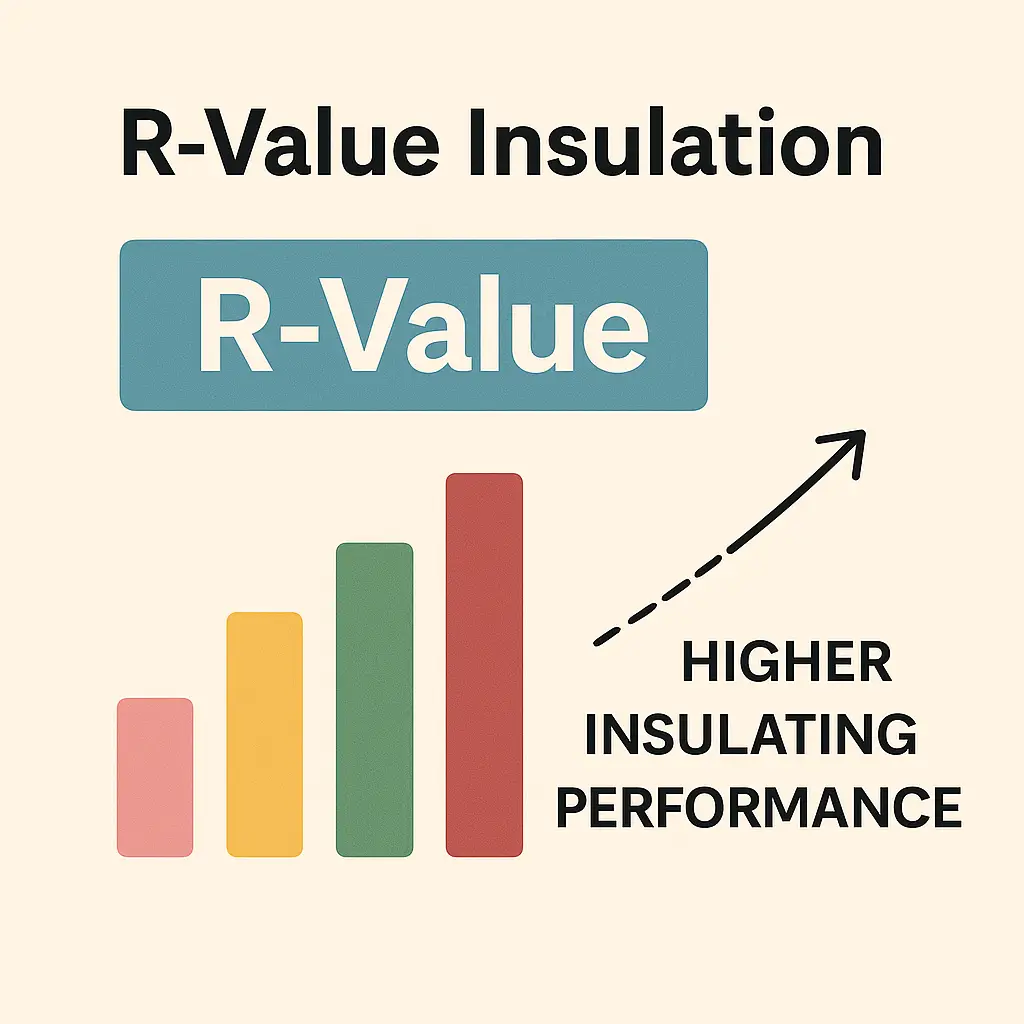 Infographic titled 'R-Value Insulation' showing a bar chart with increasing colored bars and an arrow pointing upward labeled 'Higher Insulating Performance', emphasizing that higher R-values provide better insulation effectiveness.