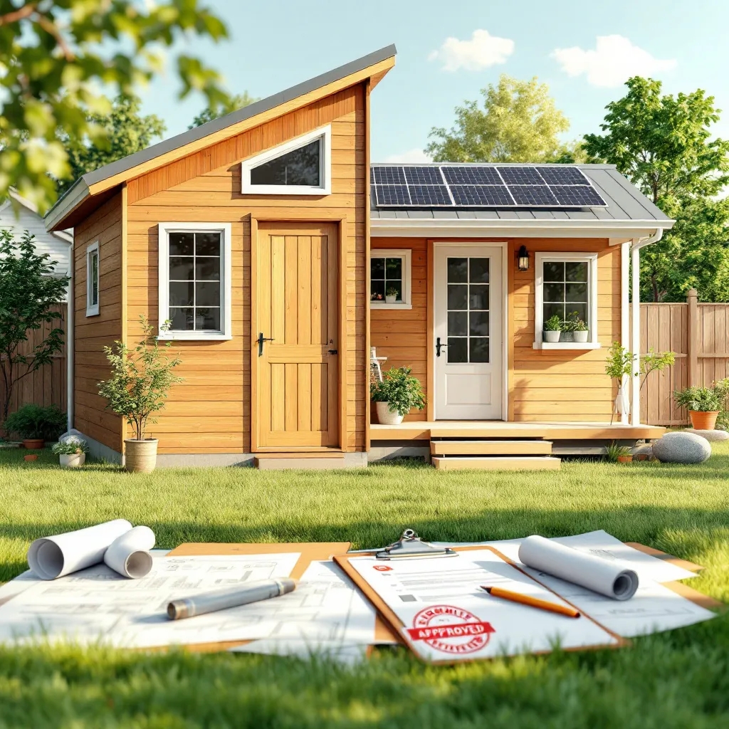 Small modern wooden house with solar panels on roof, surrounded by plants, with blueprints and approval documents on grass in foreground.