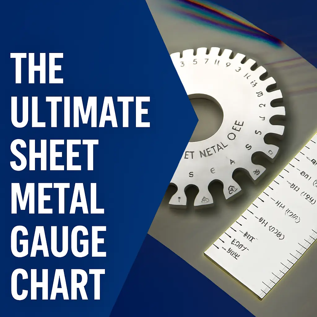Graphic with text 'The Ultimate Sheet Metal Gauge Chart' alongside a metal gauge tool and ruler.