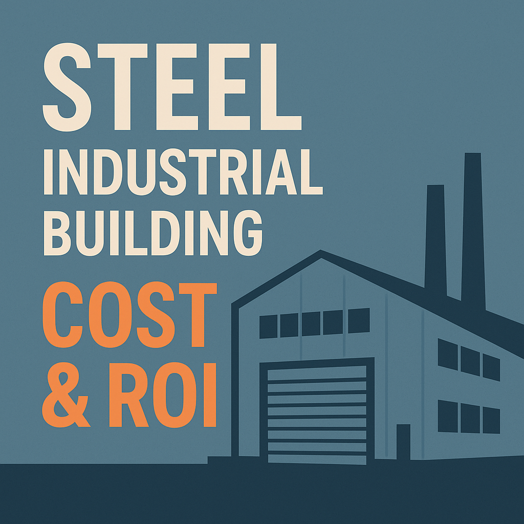 Illustration of a steel industrial building with title “Cost & ROI” in bold text.