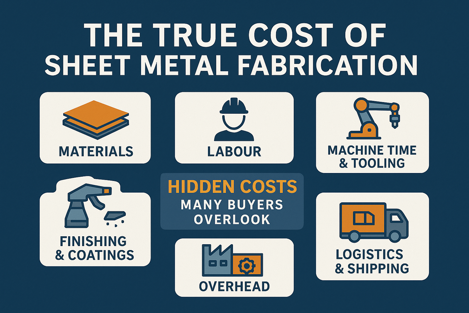 Infographic showing true cost of sheet metal fabrication including materials, labour, tooling, finishing, overhead, and logistics.