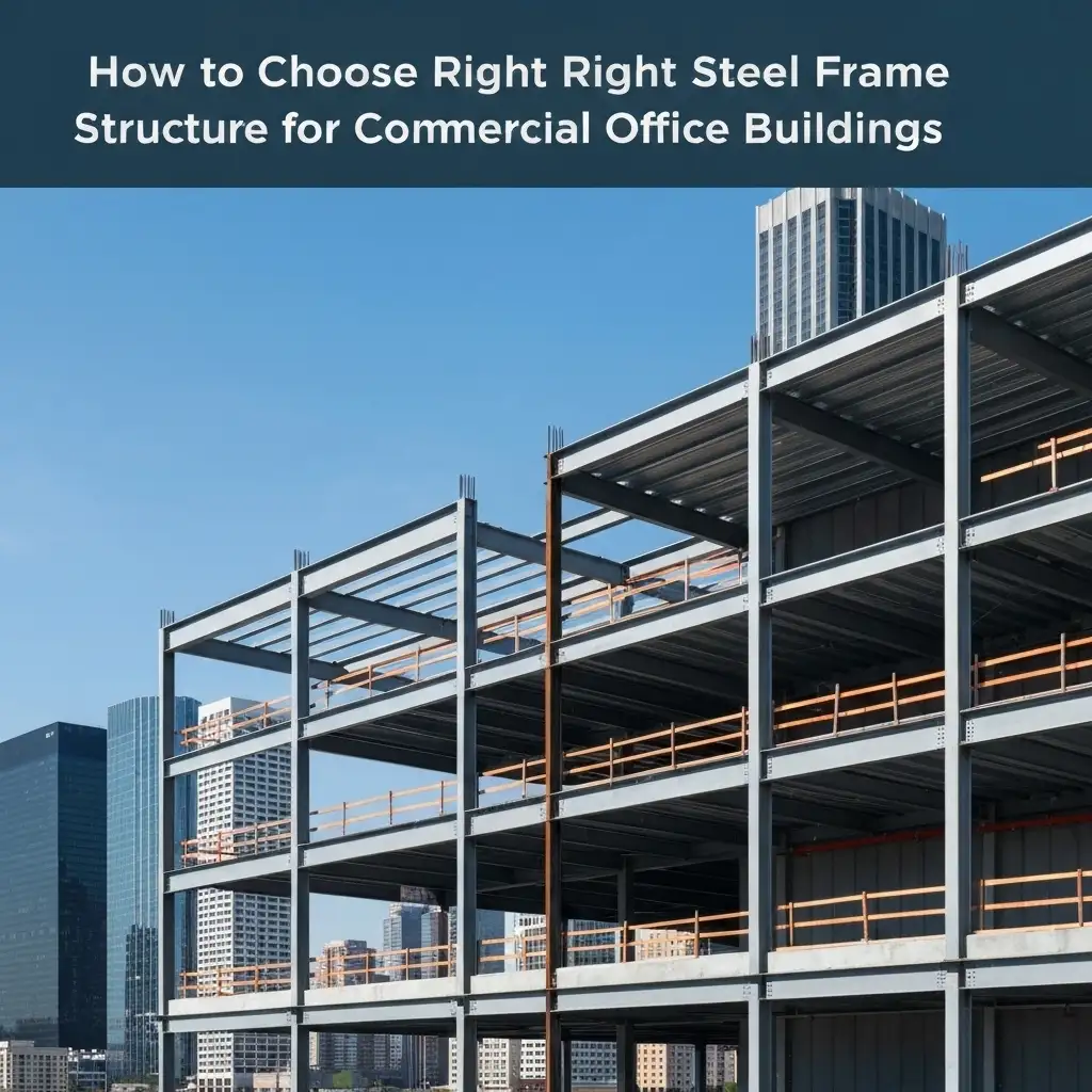 Steel frame structure under construction in city with text on choosing the right steel frame.