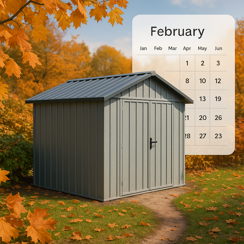 Steel garden shed in autumn setting with a calendar overlay highlighting February deals.