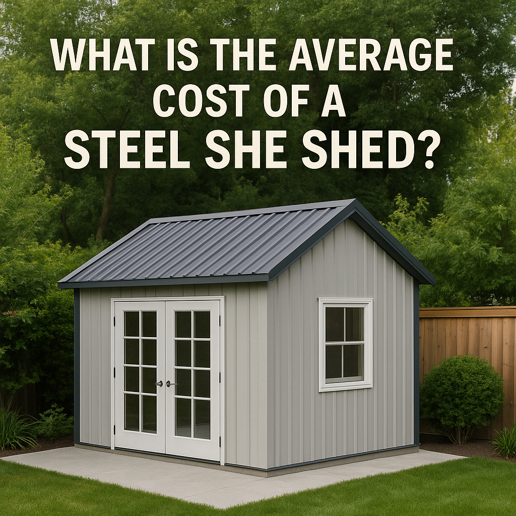 Small steel she shed with gray siding, metal roof, and white French doors in a backyard