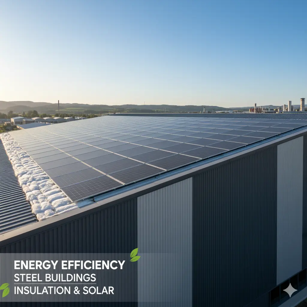 Solar panels on a steel building roof with insulation, promoting energy efficiency and solar use.