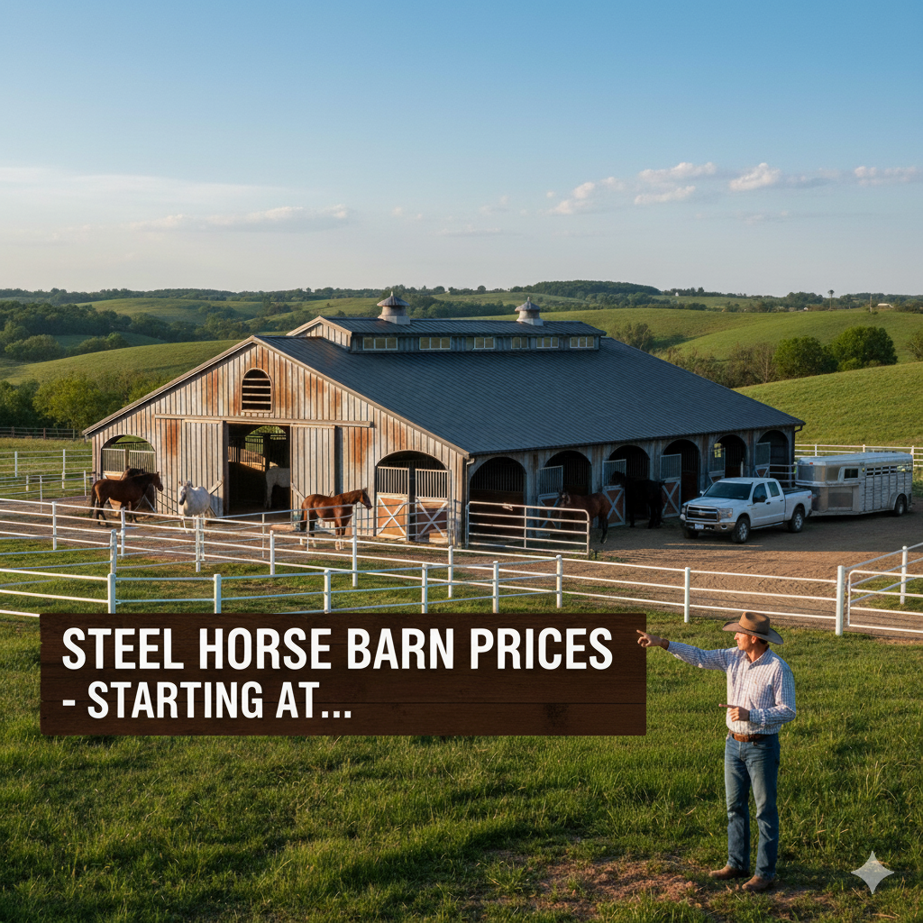 Rancher standing by steel horse barn with horses in paddock and truck near rolling hills