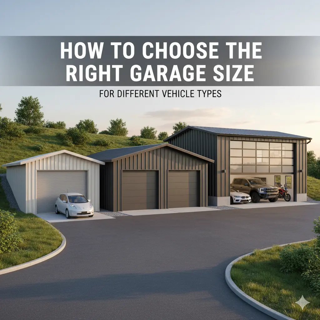 Modern metal garages of different sizes house various vehicles including cars, trucks, and bikes.