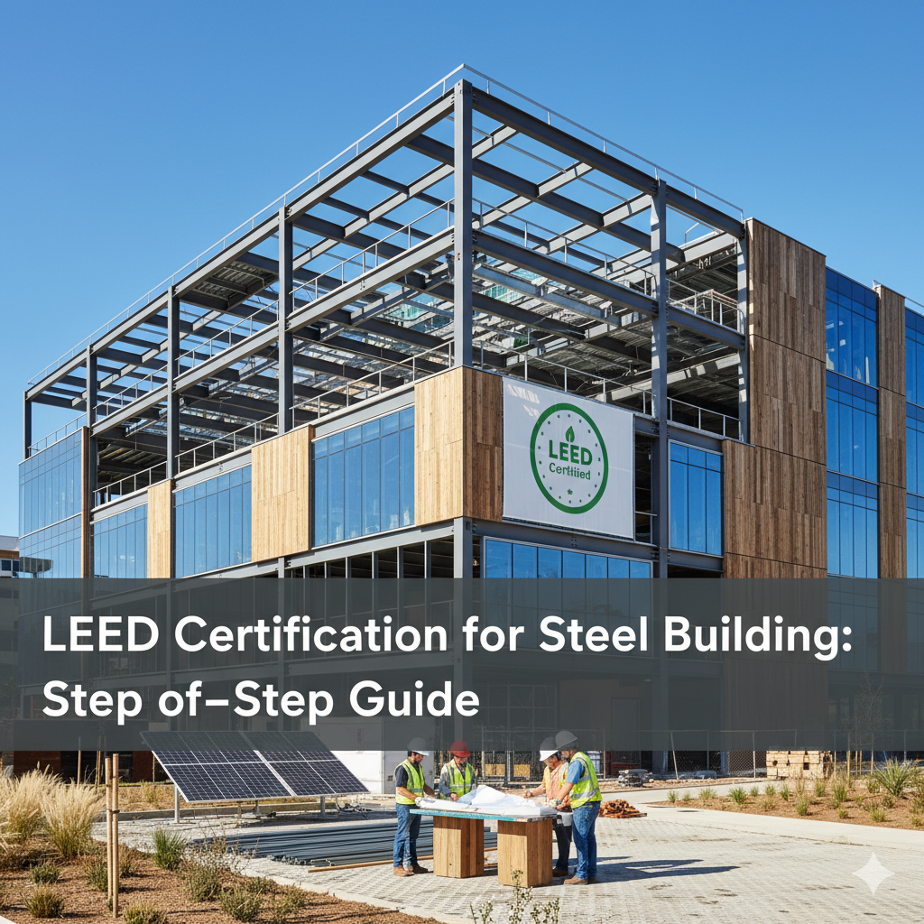 Engineers discuss plans outside LEED-certified steel building under construction on a clear day