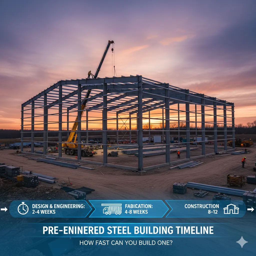 Pre-engineered steel building under construction at sunset with timeline of build phases.