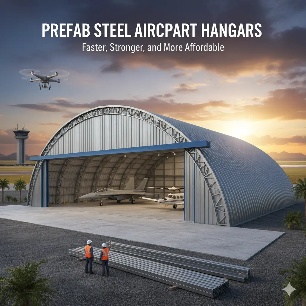 Steel aircraft hangar at sunrise with planes inside and workers inspecting metal beams