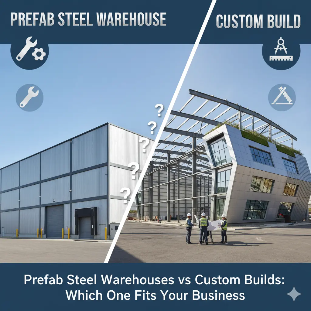 Split image comparing prefab steel warehouse and modern custom building with business question.