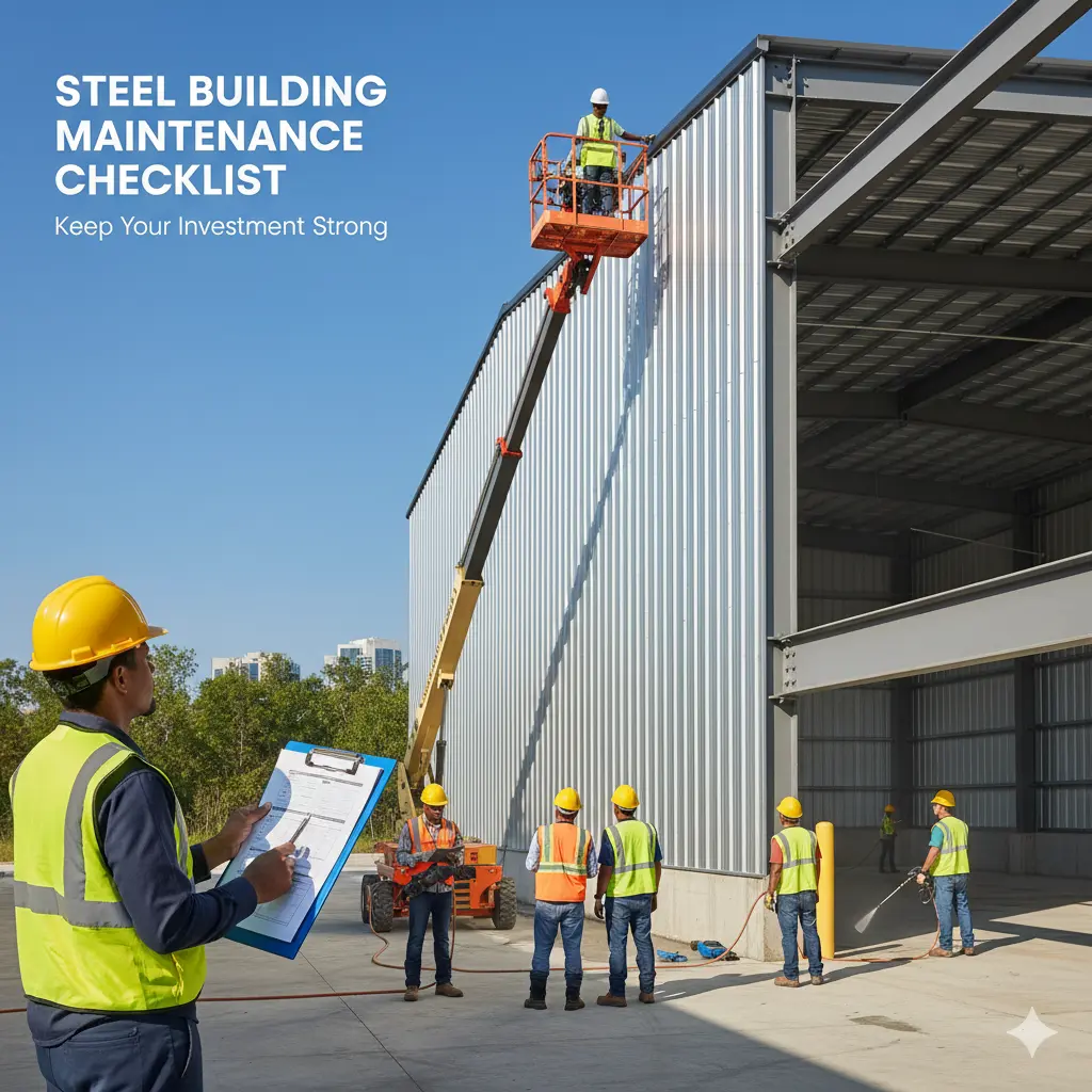 Workers inspect and maintain a steel building exterior using lifts, checklist, and safety gear.